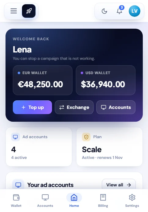 Prime Scale Media dashboard with EUR and USD wallets