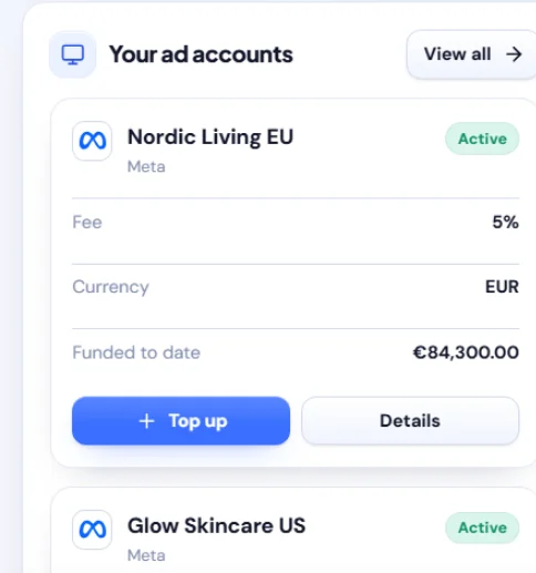 Ad accounts overview with fee, currency and funded amount