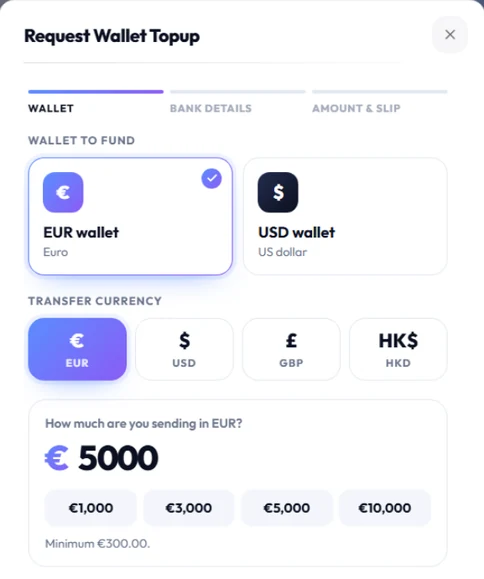 Wallet top-up in EUR, USD, GBP or HKD
