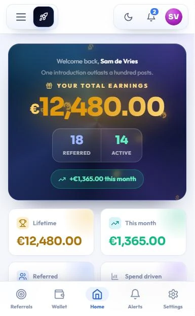 Affiliate dashboard home with total earnings, referred and active clients